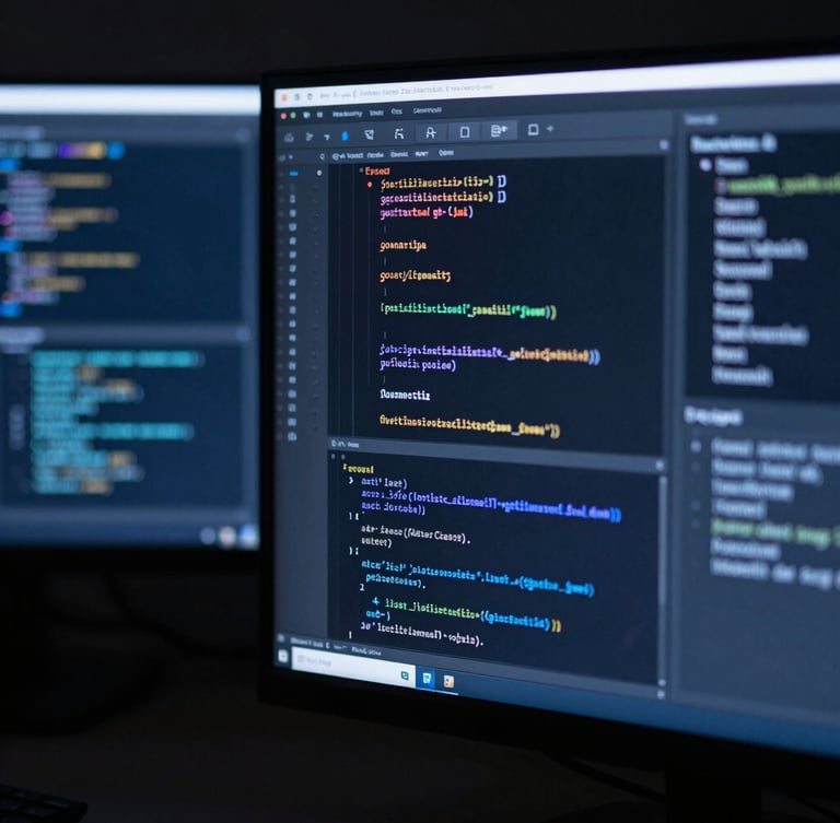 Macro close-up of developer screens displaying complex codebases in a dark studio, sharp focus, cool low-key blue lighting, 35mm editorial tech photography