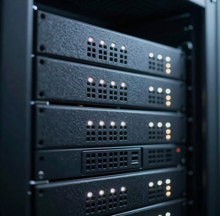 Architectural macro close-up of dark slate server racks with cool white indicator lights in a secure, climate-controlled data center, shallow depth of field, 35mm.