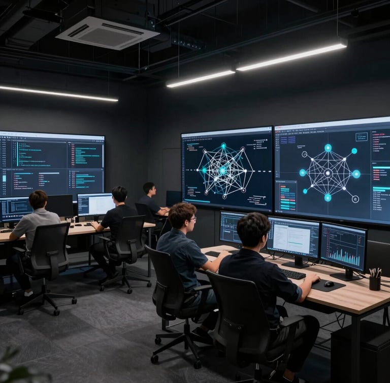 Wide-angle architectural shot of a modern, dark-toned collaborative workspace with developers analyzing complex network topologies on large screens, cool low-key lighting, 35mm.