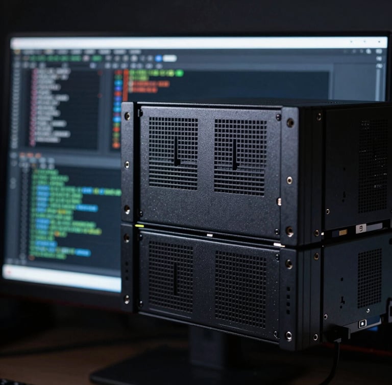 Dark editorial tech photography, cool low-key studio lighting, deep slate and obsidian tones, sharp macro focus of high-resolution server monitor showing complex code, 35mm