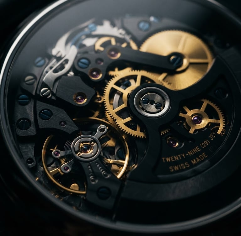 Macro close-up of a luxury mechanical watch movement, gold gears and dark obsidian plates, dramatic directional window light, deep shadows, cinematic 35mm
