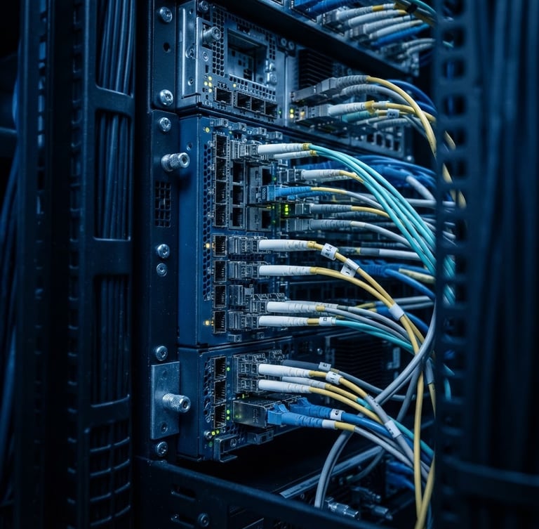 Macro shot of high-spec enterprise network switches, cool-toned blue studio lighting, metallic chassis details, high clarity