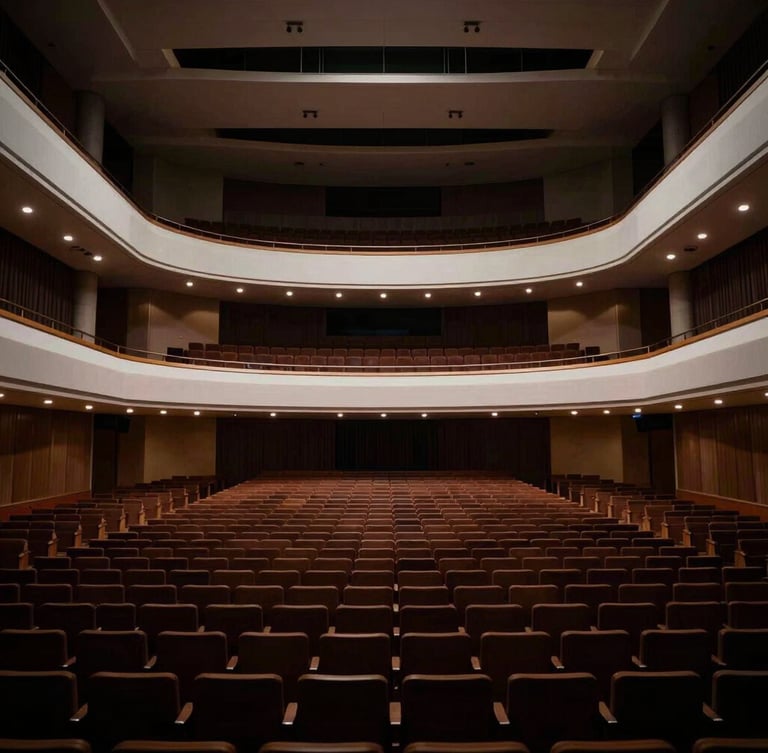 Cinematic architectural wide-angle of a massive empty modern auditorium, dramatic stage lighting, deep shadows, 35mm.