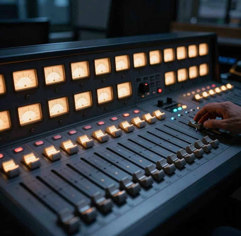 Close-up of a technical production desk in action, glowing audio meters, sharp focus on control faders, dark ambient evening glow, 35mm.
