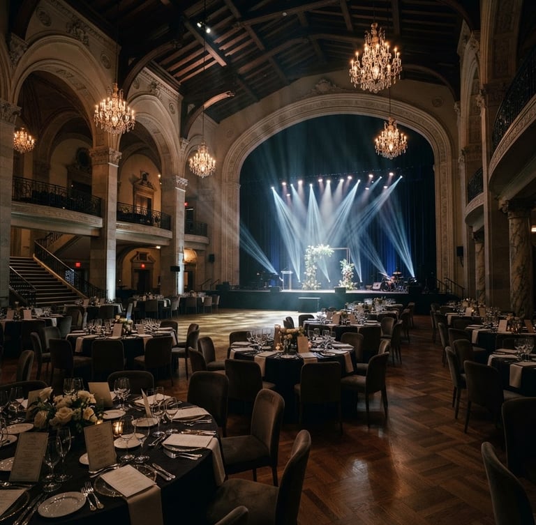 Wide-angle architectural view of an empty, perfectly lit luxury event venue before guests arrive, dramatic spotlights projecting crisp beams across deep rich shadows, 35mm cinematic.