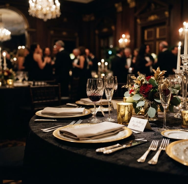 Cinematic close-up of a perfectly lit luxury gala table setting, warm ambient evening glow, deep rich shadows, 35mm.