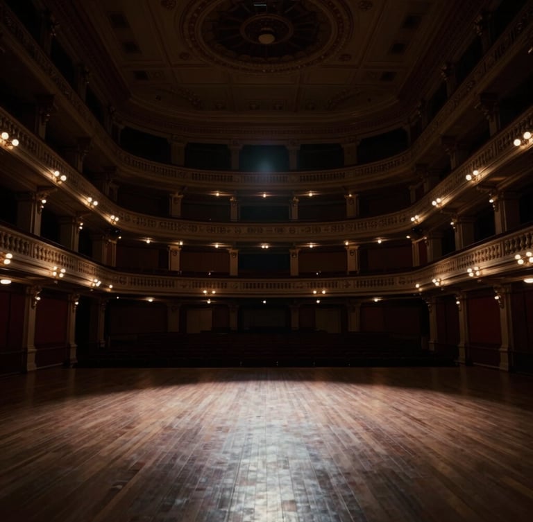 Wide architectural angle of an empty, beautifully illuminated historic ballroom before guests arrive, dramatic spotlights, deep rich shadows, 35mm.