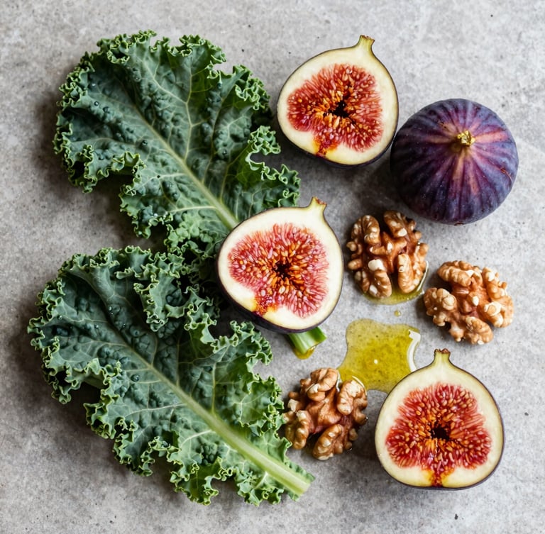 Top-down overhead flat-lay of vibrant raw ingredients: halved purple figs, deep green kale leaves, crushed walnuts, and olive oil glistening on a concrete surface, natural bright morning light.