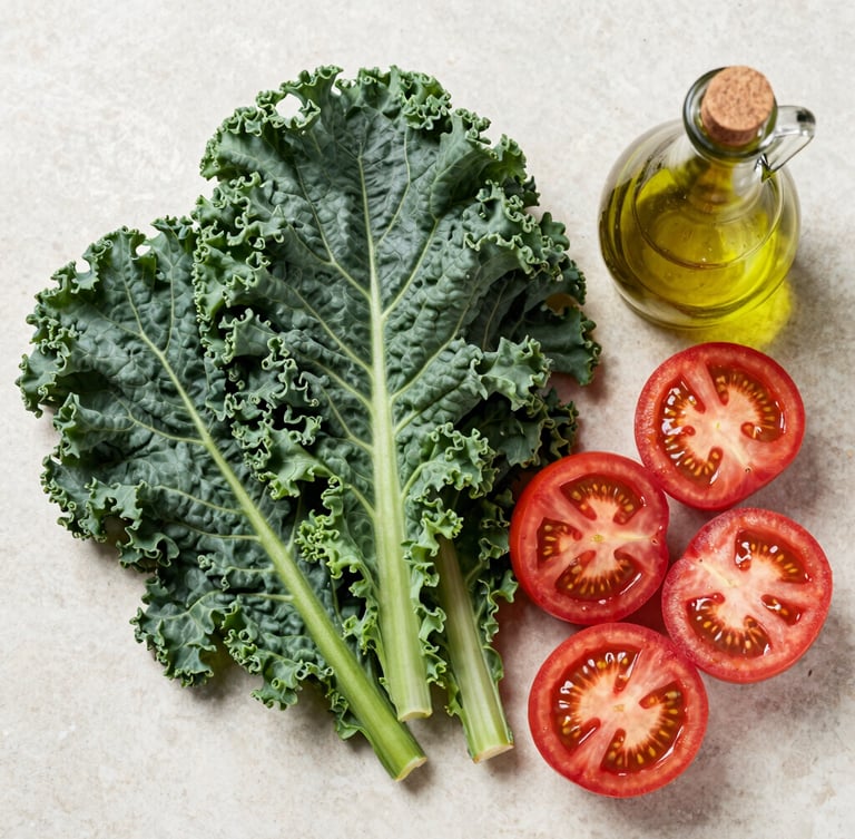 Overhead flat-lay of raw, vibrant ingredients: dark leafy kale, sliced heirloom tomatoes, and cold-pressed olive oil on a clean stone surface under bright daylight.