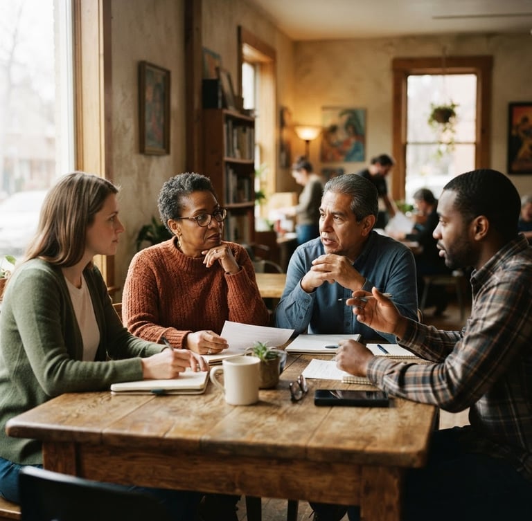 A quiet, dignified environmental portrait of local community leaders collaborating around a wooden table, soft natural window light, muted organic tones, warm shadows.