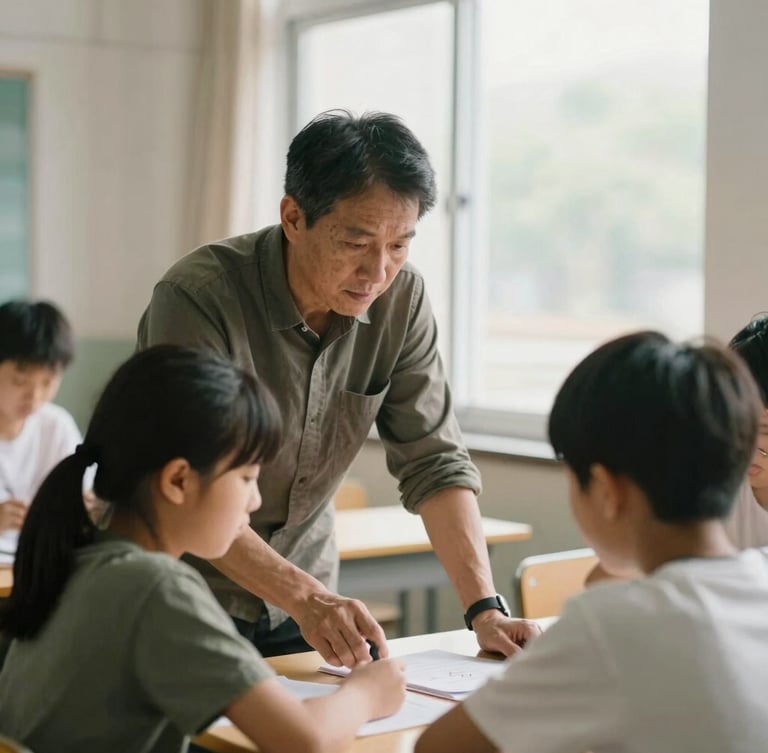 A quiet, observational medium shot of a mentor guiding a student in a focused, warm daylight learning environment, editorial documentary style