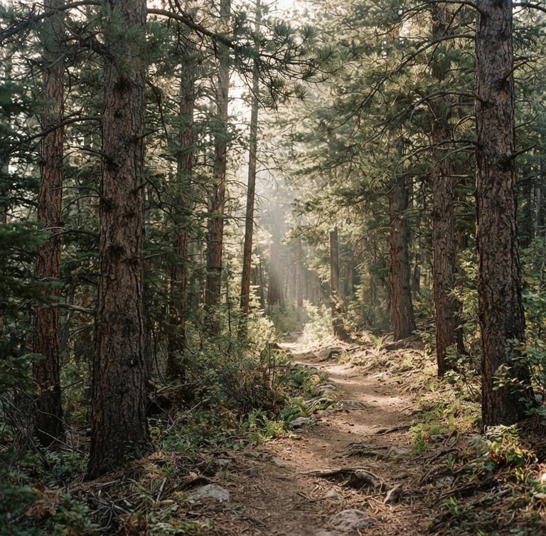 Medium format film photograph of a quiet sunlit forest path in Utah, mature pine trees, soft morning window-like light filtering through branches, editorial documentary style