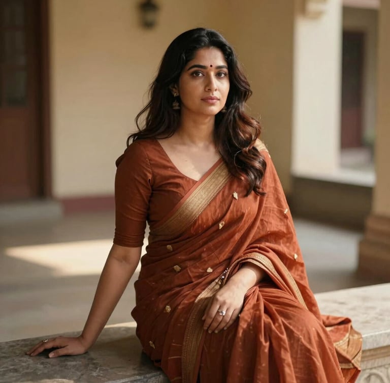 A relaxed candid portrait of a woman sitting on a stone bench in an airy sunlit room, wearing a rust-colored handloom saree, shallow depth of field.
