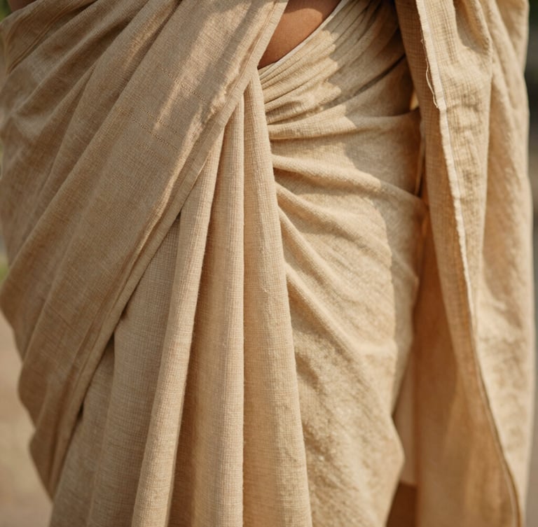 A close-up of soft-washed cotton saree pleats draped effortlessly, warm natural daylight highlighting the delicate handwoven textile texture.