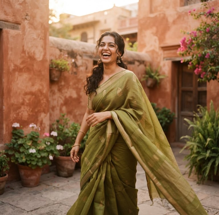 A medium shot of a woman laughing candidly in a terracotta-walled courtyard, wearing a lightweight olive green Chanderi saree in motion, soft golden-hour natural light.