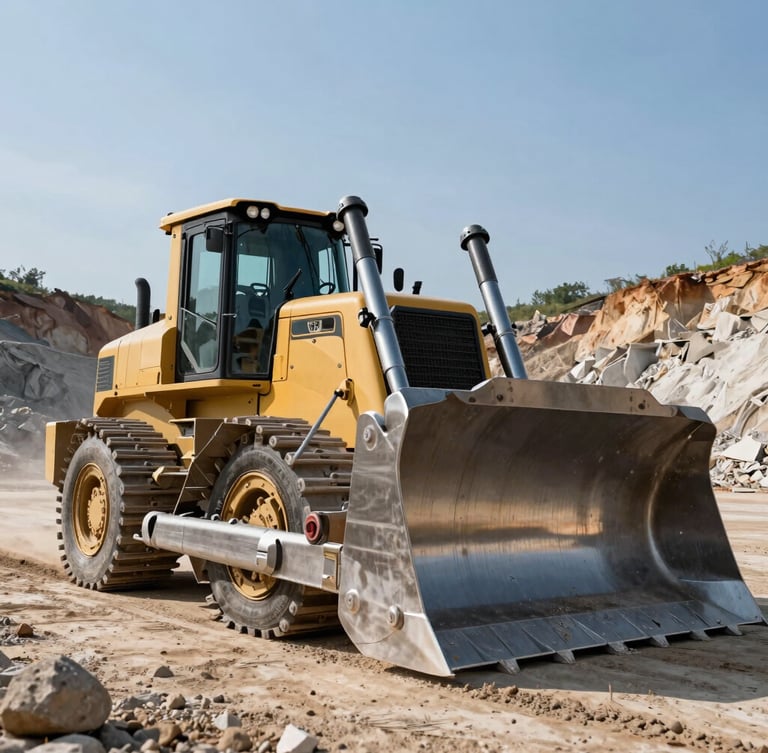Low-angle dramatic shot of a heavy crawler bulldozer with a massive semi-U blade pushing earth in a quarry, high-contrast midday sun highlighting steel textures and hydraulic cylinders.