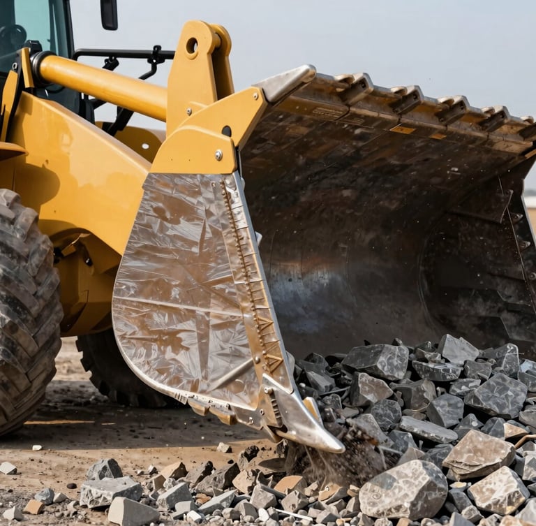 Extreme close-up of a massive yellow wheel loader bucket slicing into a pile of crushed limestone, sharp focus on steel teeth and hydraulic pistons, dramatic side lighting.