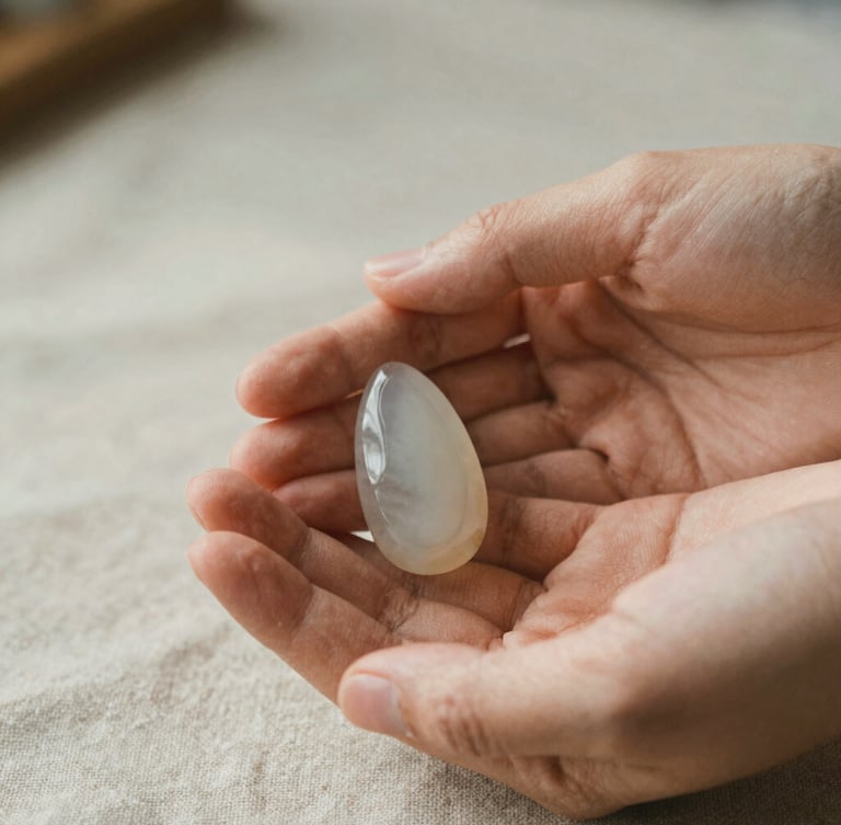 A close-up of hands gently holding a single raw chalcedony bead, soft morning light washing over warm linen textures, shallow depth of field, 35mm film.