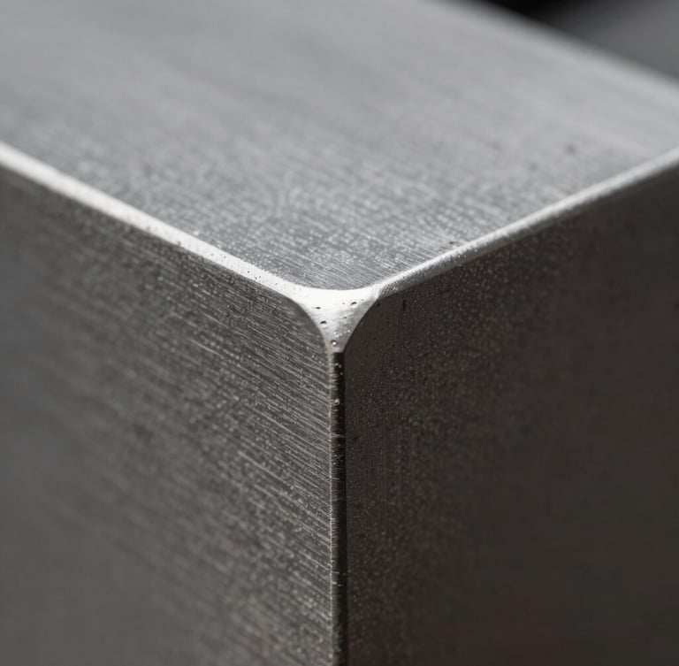 Close-up of a laser cut steel edge showing a clean 90-degree profile, zero burr, high-contrast industrial lighting