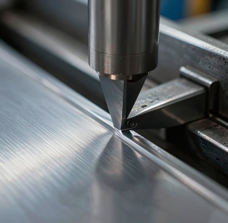 Extreme close-up macro of a 100-tonne press brake blade forming a crisp 90-degree bend on a sheet of cold steel, sharp metallic reflections, cool workshop lighting.