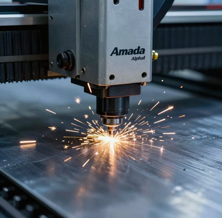 Close-up macro shot of an Amada Alpha CNC laser cutting head piercing a thick mild steel plate, sharp golden sparks flying, cool blue industrial lighting, high-contrast framing.