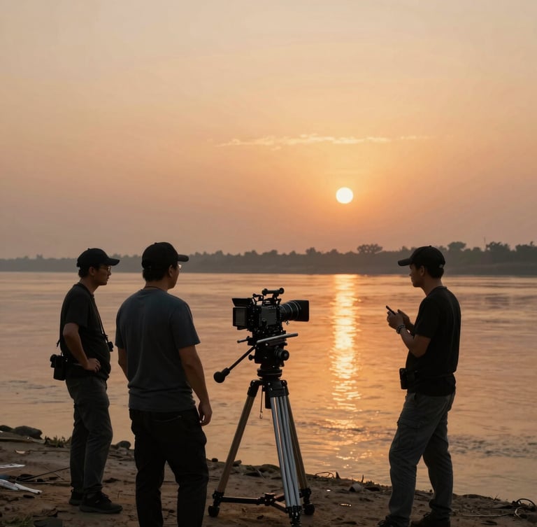 Cinematic wide-angle view of a professional camera crew setting up an anamorphic rig on the banks of the Brahmaputra River at golden hour, deep orange light reflecting on the water, atmospheric haze