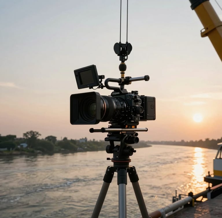 Behind-the-scenes shot of a high-end camera rig on a crane overlooking the Brahmaputra river at golden hour, cinematic lighting, anamorphic framing.