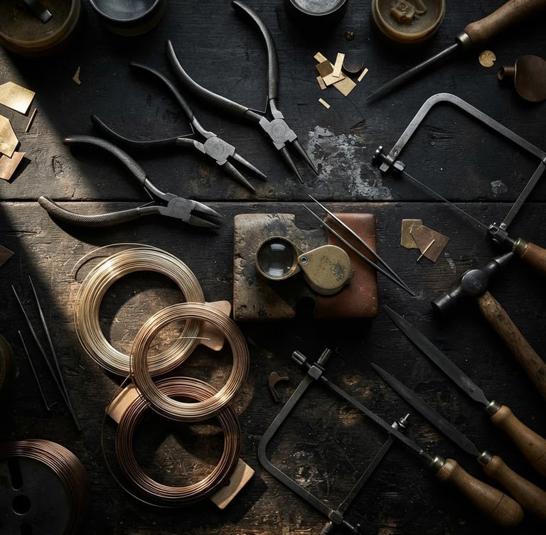 Overhead flat-lay of a jeweler's workbench, featuring various hand tools like pliers, wire cutters, and a jeweler's loupe, with coils of champagne gold and bronze wire, all dramatically lit from the side with high-contrast shadows. The workbench is dark charcoal wood.