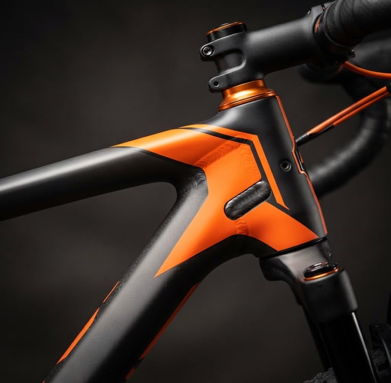 Sharp macro profile of a clean orange and charcoal mountain bike frame joint, high-contrast studio lighting, shallow depth of field