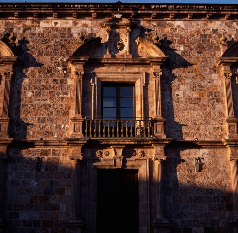 Environmental portrait of a historic stone building facade in Nochistlán de Mejía, traditional Zacatecas architecture, warm sunset light casting long shadows, prestigious and timeless atmosphere, 35mm film