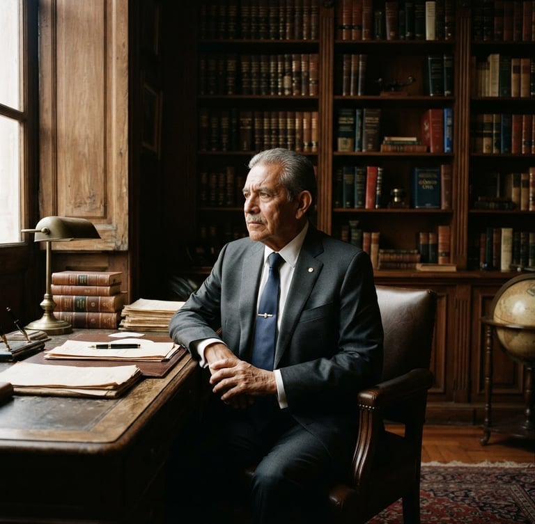 Solemn environmental portrait of a senior Mexican attorney in a dark tailored suit, sitting in a historic law office with heavy dark oak bookshelves, dramatic low-key window light, 35mm film.