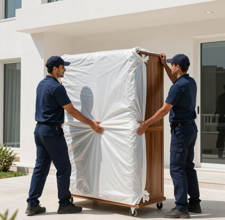 Movers in clean navy uniforms carefully wrapping a high-value wooden cabinet with thick protective transit blankets inside a bright Dubai villa, sharp focus, 35mm lens