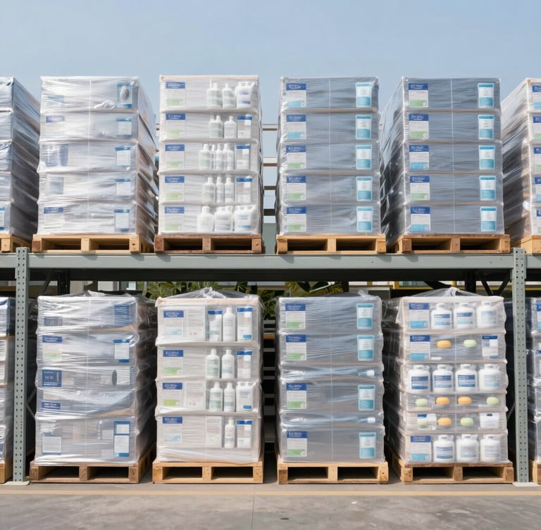 Straight-on medium shot of neatly organized warehouse shelves with stacked bulk consumer goods under bright daylight.