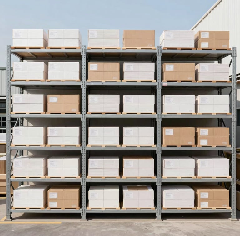 Straight-on medium shot of neatly stacked warehouse shelves with retail-ready goods under bright daylight, realistic colors