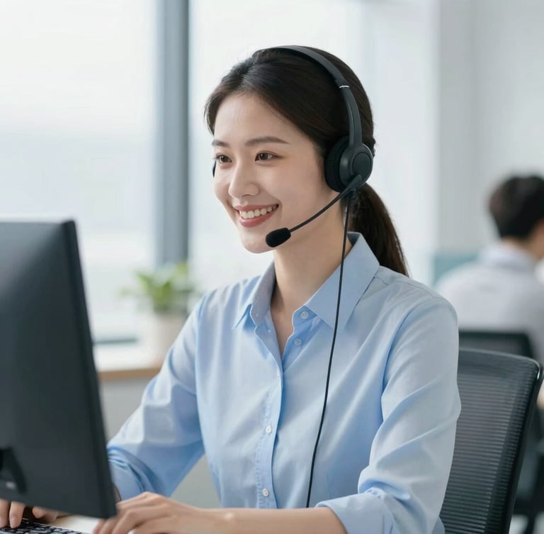 A professional customer service representative with a headset smiling in a bright, modern office, clean blue tones, shallow depth of field, bright daylight.