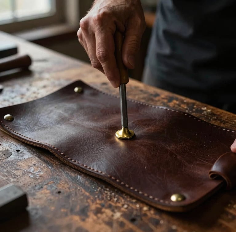 Close-up of an artisan hand-hammering a solid brass rivet into thick dark brown leather on an old wooden workbench, moody workshop lighting, 35mm