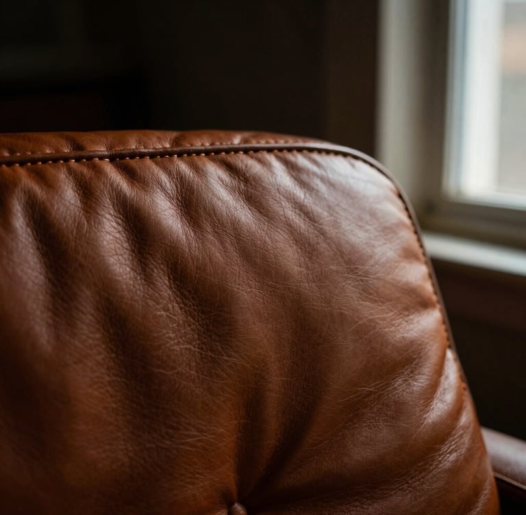 Moody editorial photography, extreme close-up of thick full-grain leather texture with heavy-duty hand-stitching, warm low-key side window light, deep shadows, 35mm