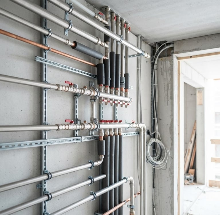 Teknisk bild av rena, nya rörinstallationer i ett flerbostadshus, med fokus på precision och moderna anslutningar, i ljus naturligt dagsljus. Ingen text eller skräp.