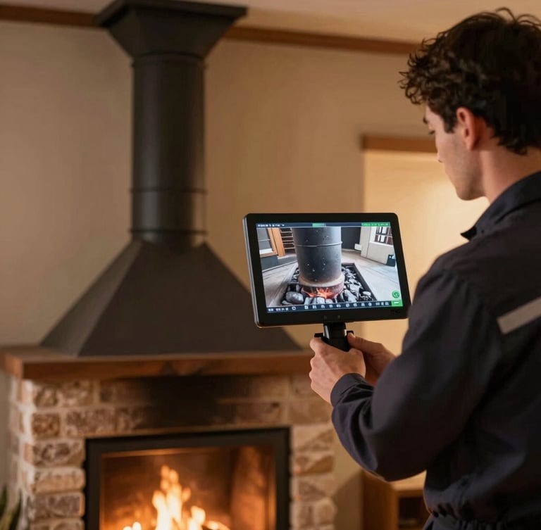 A professional chimney technician in a clean uniform viewing a high-definition video inspection screen showing a clean flue, sharp detail, warm indoor lighting