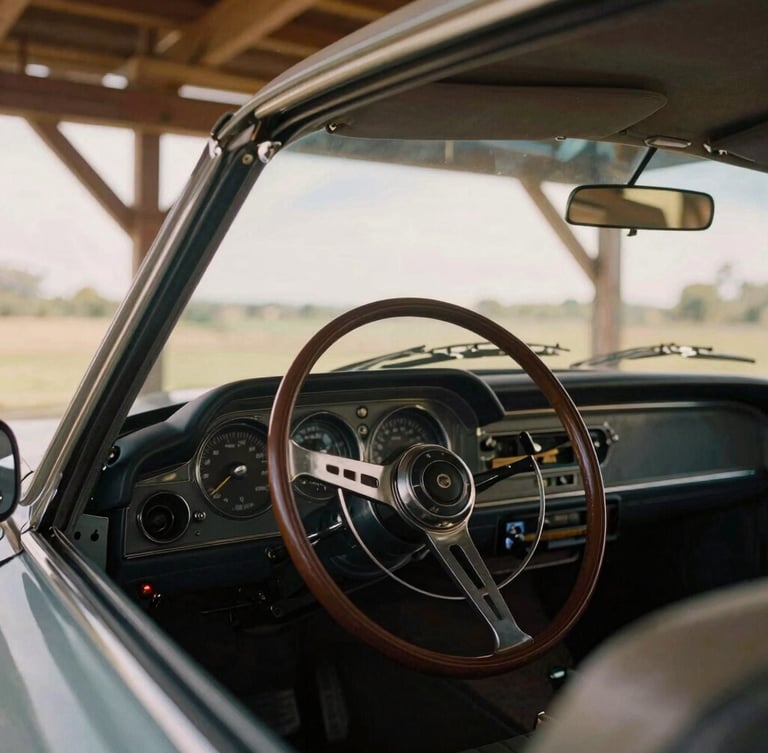 Detail shot of a vintage steering wheel and dashboard of a classic car parked inside a clean timber barn, soft golden hour light, 35mm film