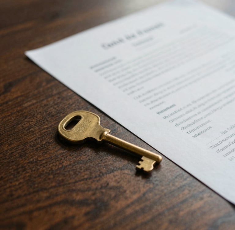 Close-up of brass keys resting on a dark oak table next to legal documents, soft overcast daylight, muted earth tones