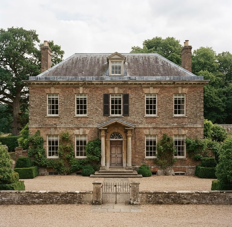 Straight-on architectural elevation of a historic brick estate home, soft overcast daylight, muted earth tones, sharp focus, 35mm film aesthetic.
