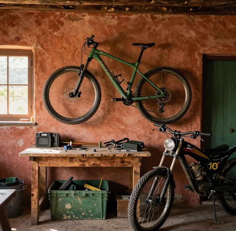 Interno di un garage rustico ma ordinato, con mountain bike appese e una moto parcheggiata, attrezzi da officina su un banco di legno, luce naturale che entra da una finestra, stile fotografico rustico e caldo.
