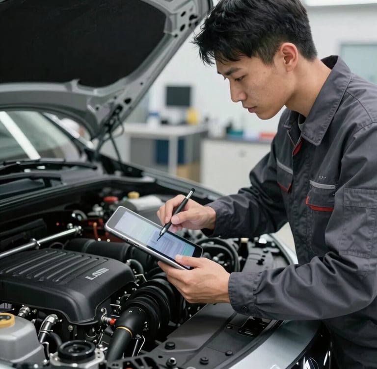 Close-up portrait of an immaculate technician in a dark grey uniform using a digital tablet to scan a clean car engine bay, cool industrial workshop daylight, sharp focus