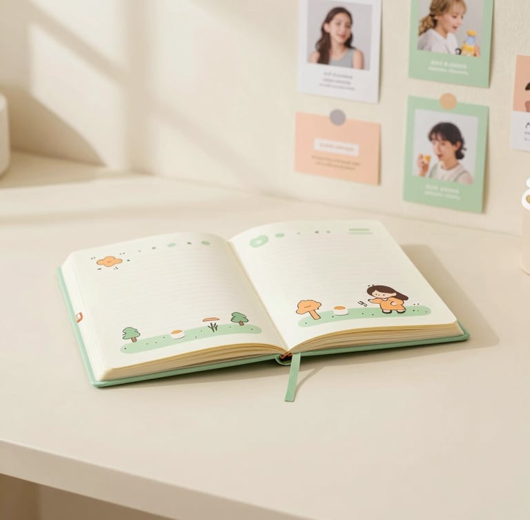 Cozy aesthetic workspace with pastel green and peach stationery, open illustrated notebook, customized photocards on the wall, soft window shadow