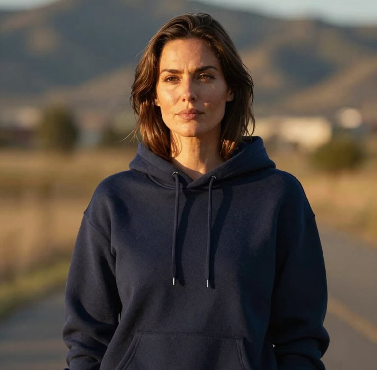 Medium-close portrait of a woman standing confidently outdoors in Boise, wearing a structured navy hoodie, soft golden-hour side light, shallow depth of field, 35mm