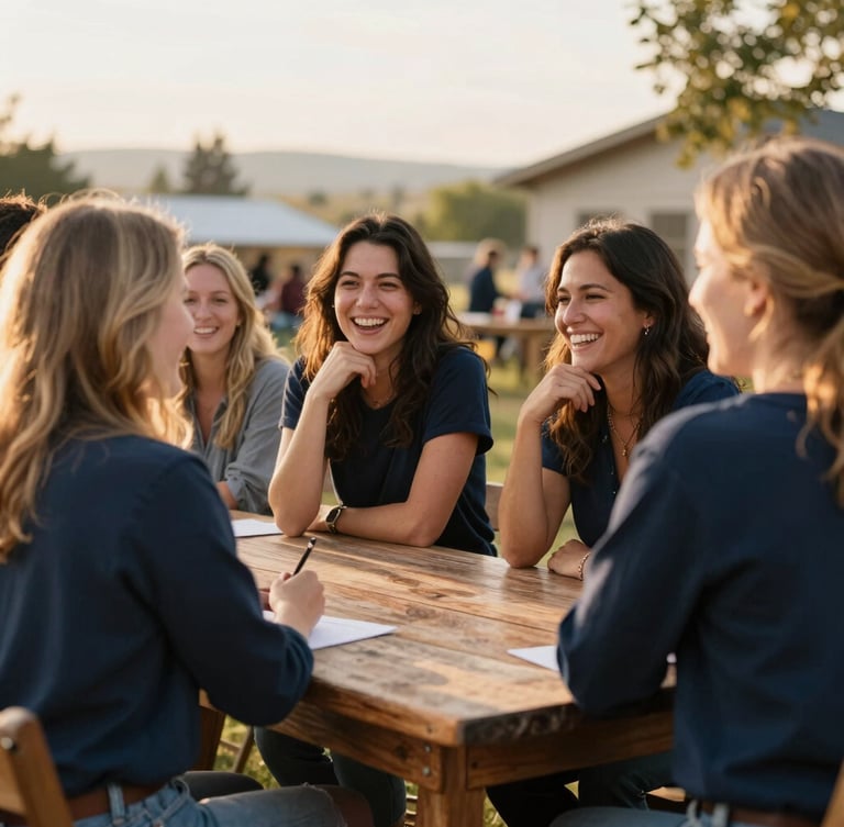 A group of diverse women laughing and talking around a rustic wooden table at an outdoor community workshop in Boise, soft golden-hour light