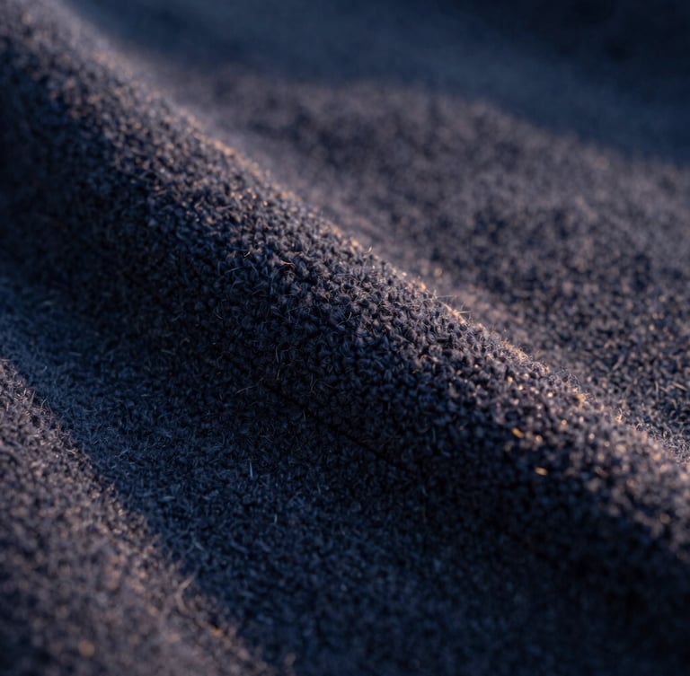 Macro close-up of heavy-weight cotton fleece stitching, natural golden-hour side light, rich deep navy fabric texture, shallow depth of field, 35mm