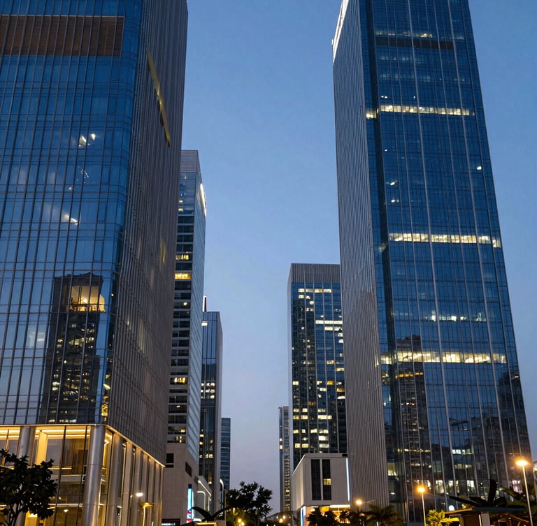 Wide panoramic view of a modern financial district in Mumbai at dusk, sharp glass facades reflecting deep blue and amber light, clean architectural lines.