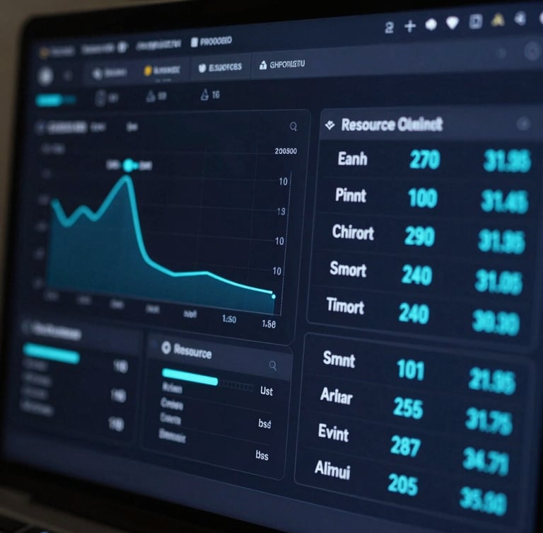 Close-up of a dark mode software interface displaying real-time operational telemetry, glowing cyber-cyan metrics, and automated resource leveling schedules, 35mm lens